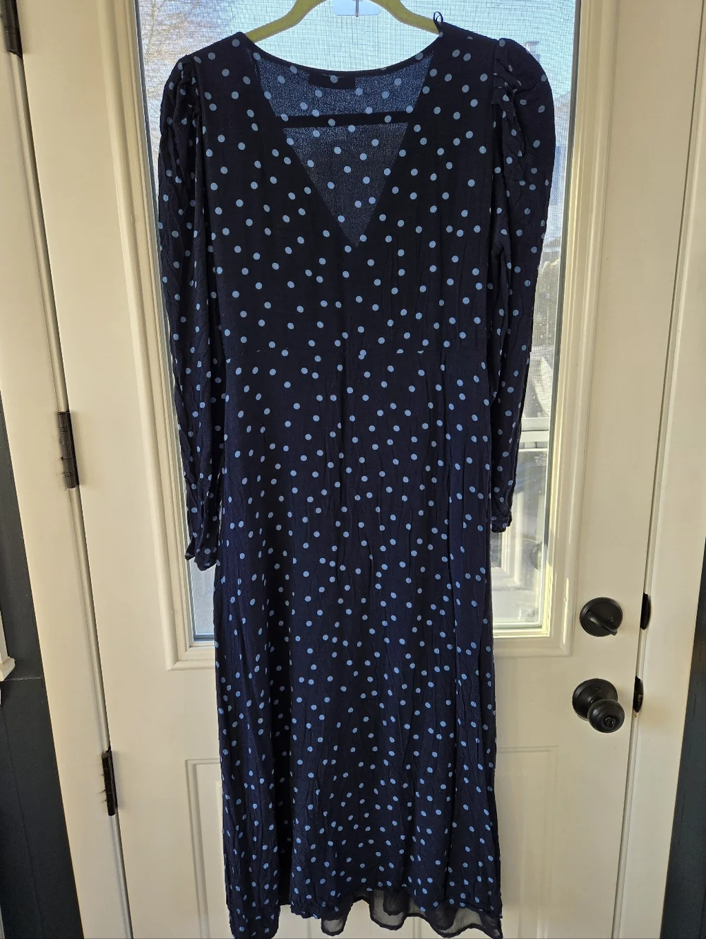 Zara Navy Polka Dot Puff Shoulder Midi Dress Women's Large - Picture 4 of 13